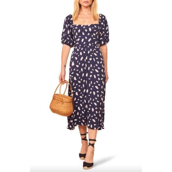 Reformation Splatter Midi Blue Dress Zippy Size 2 - Picture 5 of 10